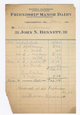 Friendship Manor Dairy monthly statement, 1915 March 2