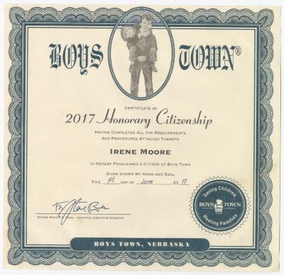 Honorary Citizenship of Boys Town, Nebraska for Irene E. Moore