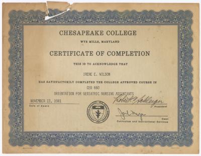 Chesapeake College Certificate of Completion for Irene E. Wilson