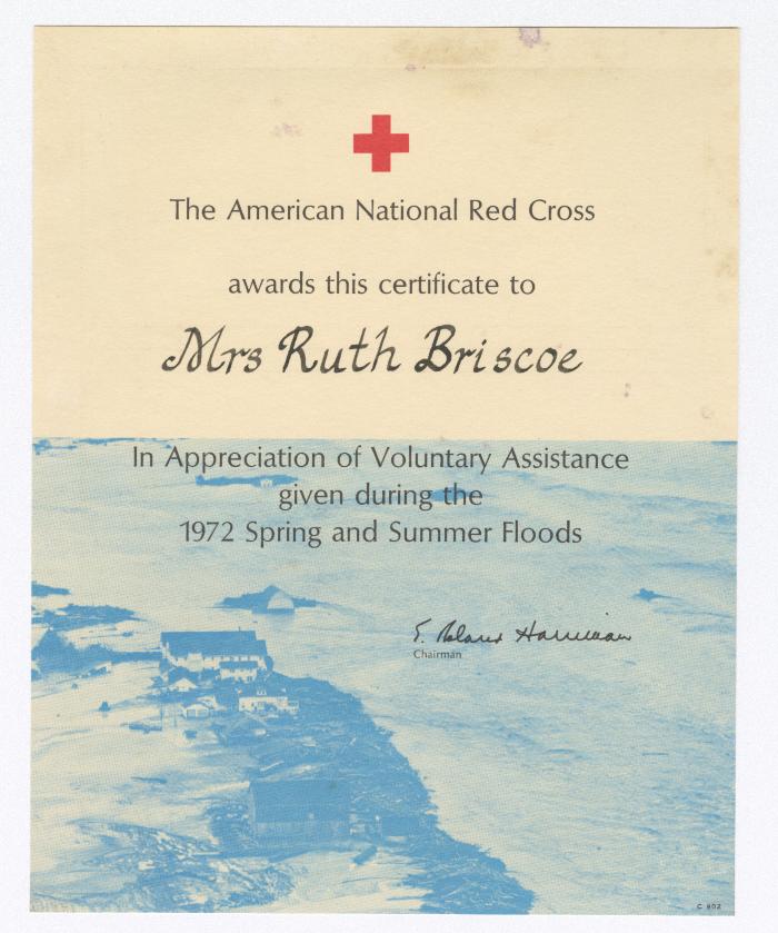 Certificate of appreciation to Ruth Ringgold Briscoe for voluntary flood assistance
