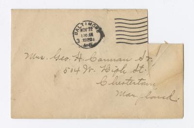 Envelope to Mrs. Cannon, 1920 November 22