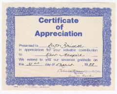 Certificate of Appreciation for Ruth Ringgold Briscoe 