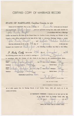A State of Maryland marriage certificate for John Wesley Wright and Gertrude Madeline Hutchins, December 29, 1934. 