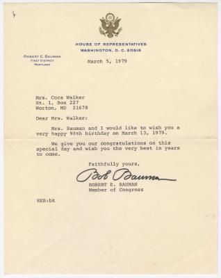 Letter: Congressman Robert E. Bauman to Cora Walker, March 5, 1979
