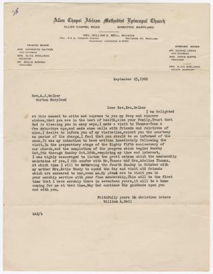Letter: Reverend William A. Bell to Reverend A.J. Walker, September 23, 1960