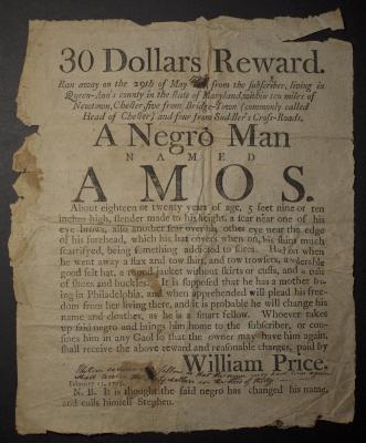 Wanted poster for runaway enslaved person Amos