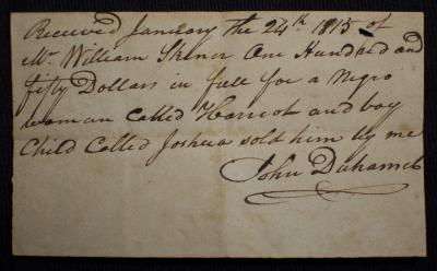 Documentation for sale of enslaved woman, Hannah, and her son, Joshua 
