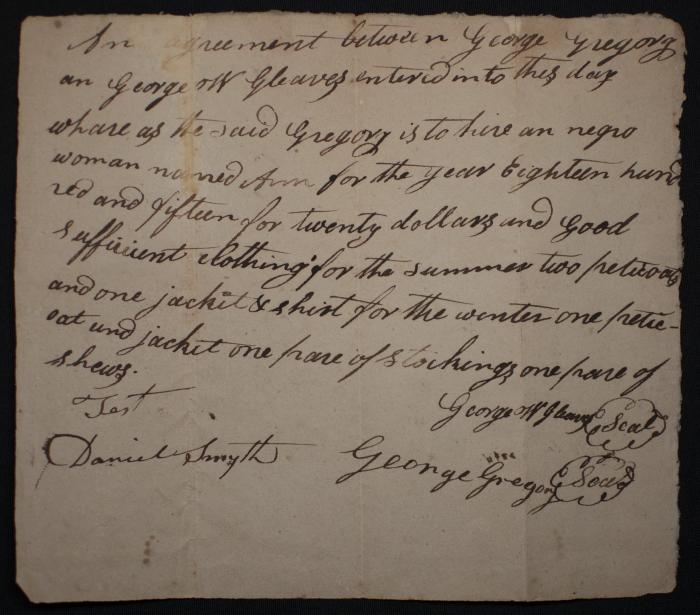 Letter outlining the hire of an enslaved woman, Ann