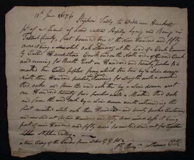 "Stephen Tully to William Hackett Extract of Deed for 250 Acr."