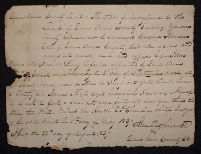 “Summons for Andrew Johnson to Testify for James Stoops agt. Lodovich Hendrix”