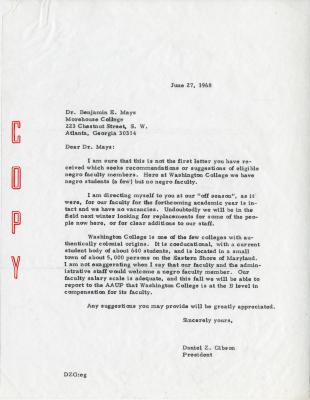 Correspondence between Benjamin Mays and Pres. Daniel Gibson