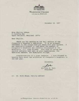 Letter from President John S Toll to Phyllis Oddoye