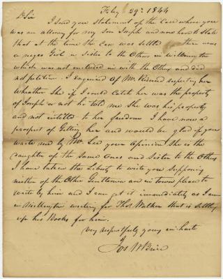 Letter from Joseph Brice to his lawyer Joseph Wickes