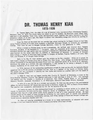 "Dr. Thomas Henry Kiah: 1873 - 1936"