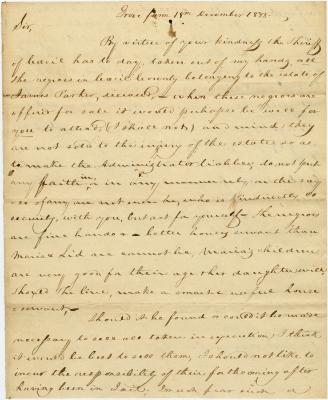 Letter from A. Calder to Joseph Wickes regarding James Parker estate