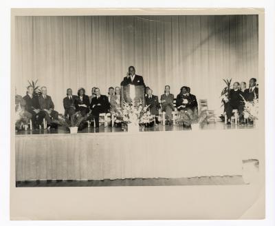A view of the stage during a speech for the new Garnet School