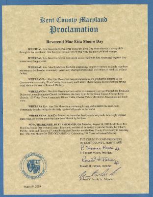 Kent County Maryland Proclamation, Reverend Mae Etta Moore Day