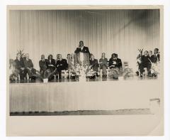 A view of the stage during a speech for the new Garnet School