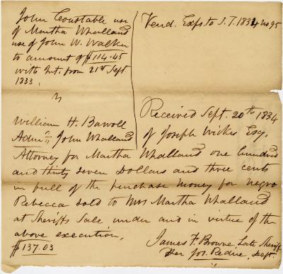 Martha Whalland receipt for sale of enslaved woman Rebecca
