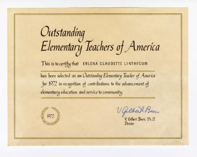 Ms. Erlena Linthicum Outstanding Elementary Teachers of America award